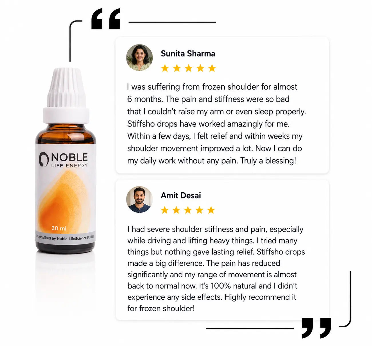 5 star customer reviews for Noble Life Energy E72 Stiffsho Frozen Shoulder Drops — relief from shoulder pain and stiffness