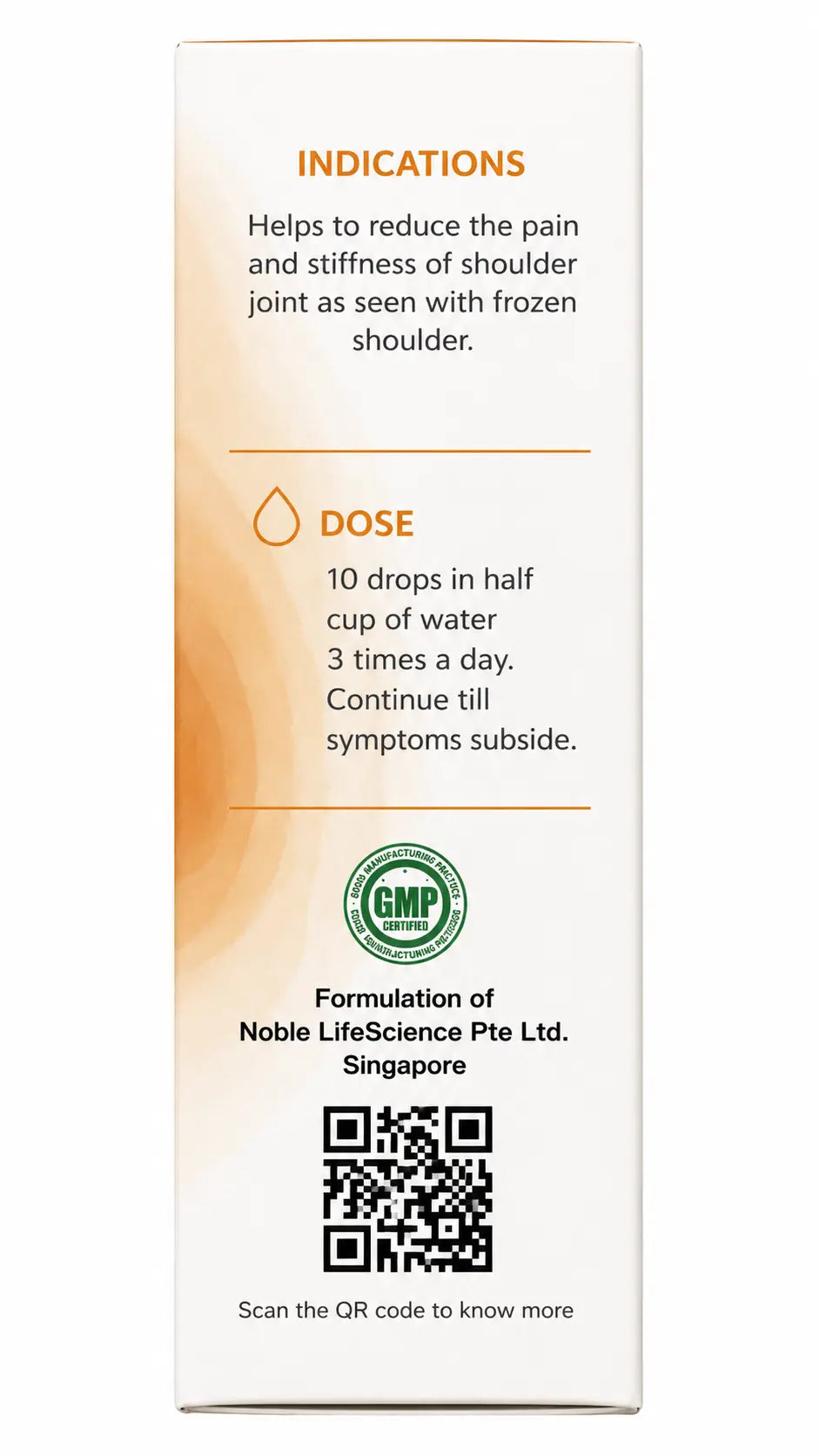 Product packaging with indications, dose instructions of E72 Stiffsho Homeopathic Frozen Shoulder