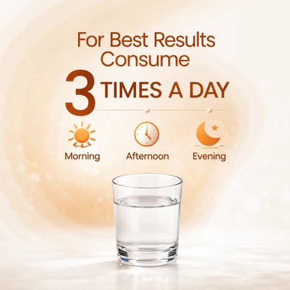 Glass of water with 'For Best Results Consume 3 TIMES A DAY' E72 Stiffsho Homeopathic Frozen Shoulder