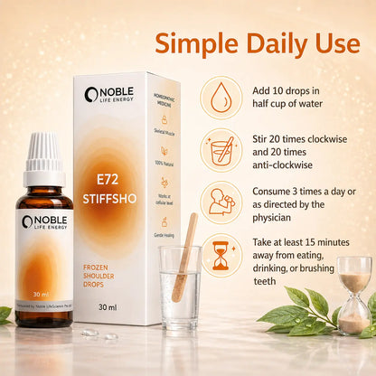 Noble Life Energy E72 Stiffsho product with bottle, packaging, and usage instructions.
