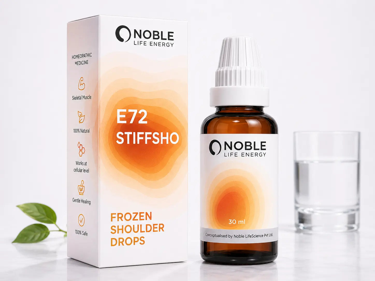 Noble Life Energy E72 Stiffsho Frozen Shoulder Drops packaging and bottle on a white background